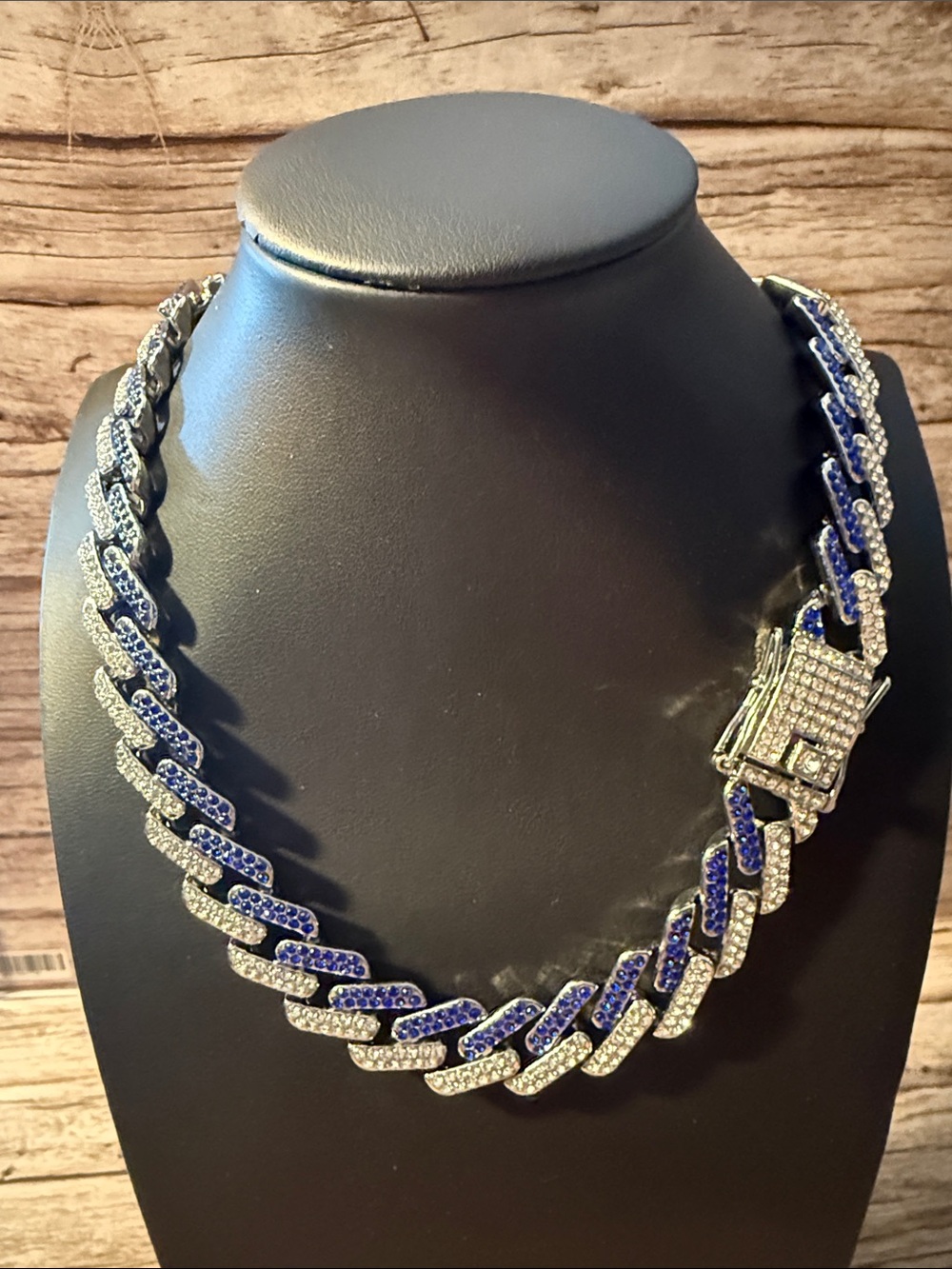 Men's Silver and Blue 2 Tone Rhinestone Cuban Link Chain Necklace STAINLESS